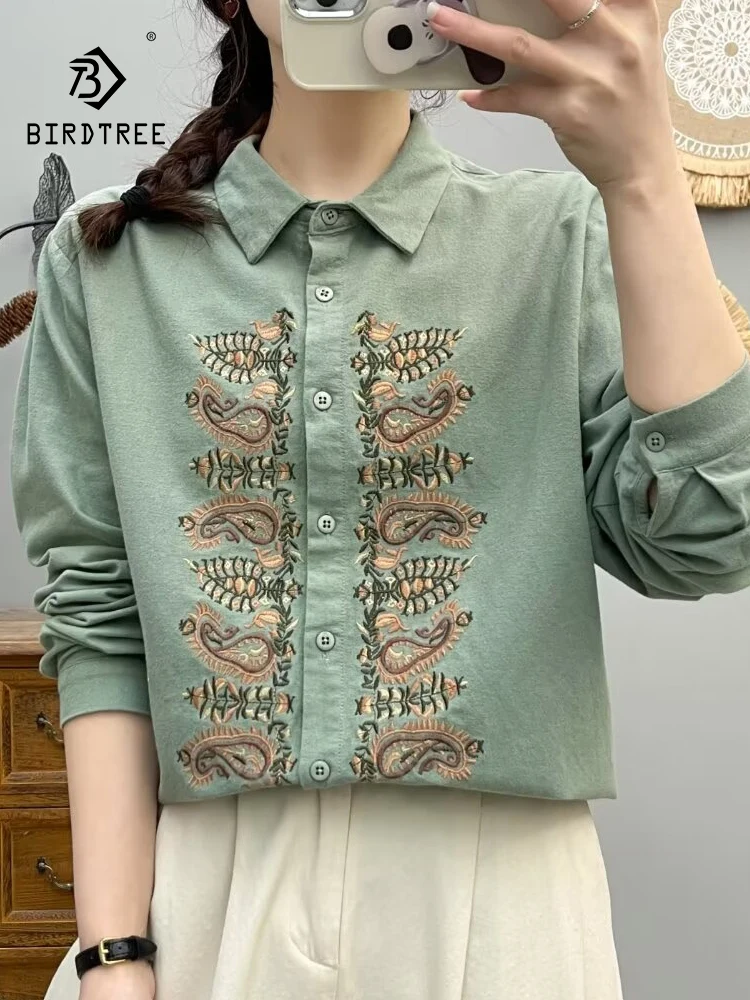 New Spring Cotton Embroidery Shirt Women Lapel Long Sleeve Tops Girl Casual Retro Loose Literature Blouse 2024 Autumn T44338QC