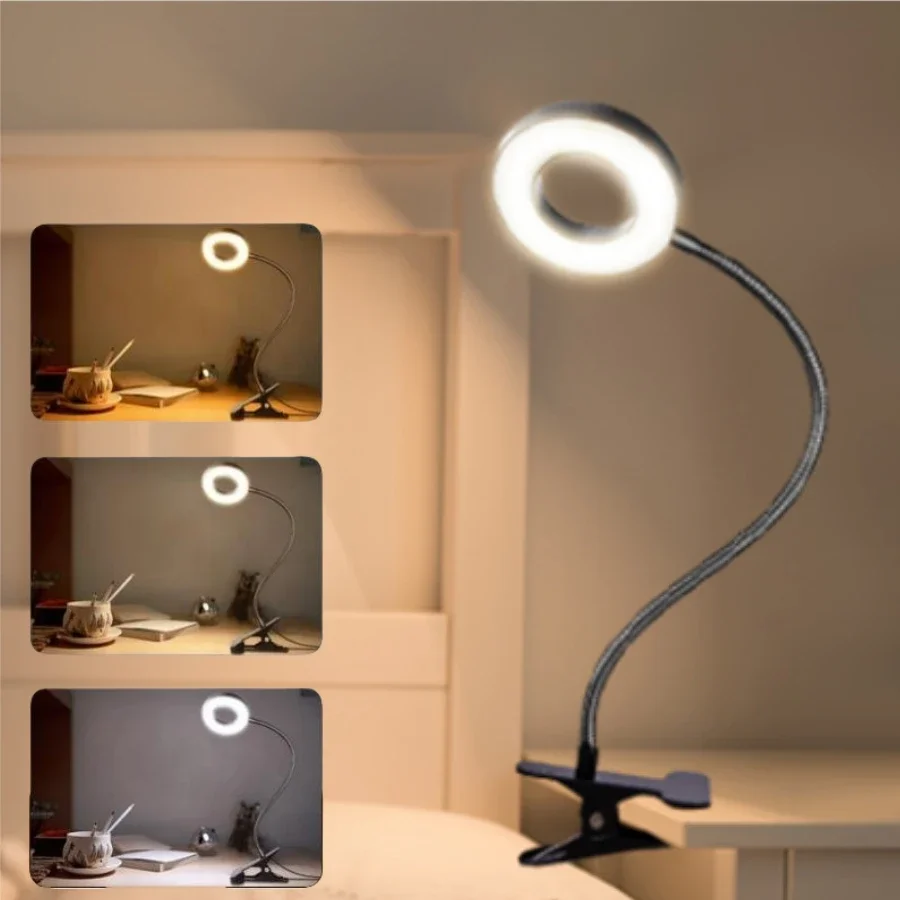 USB Rechargeable LED Clip-on Desk Light Flexible Eye Protection Reading Lamp 3 Colors Adjustable For Bedroom Study Lighting