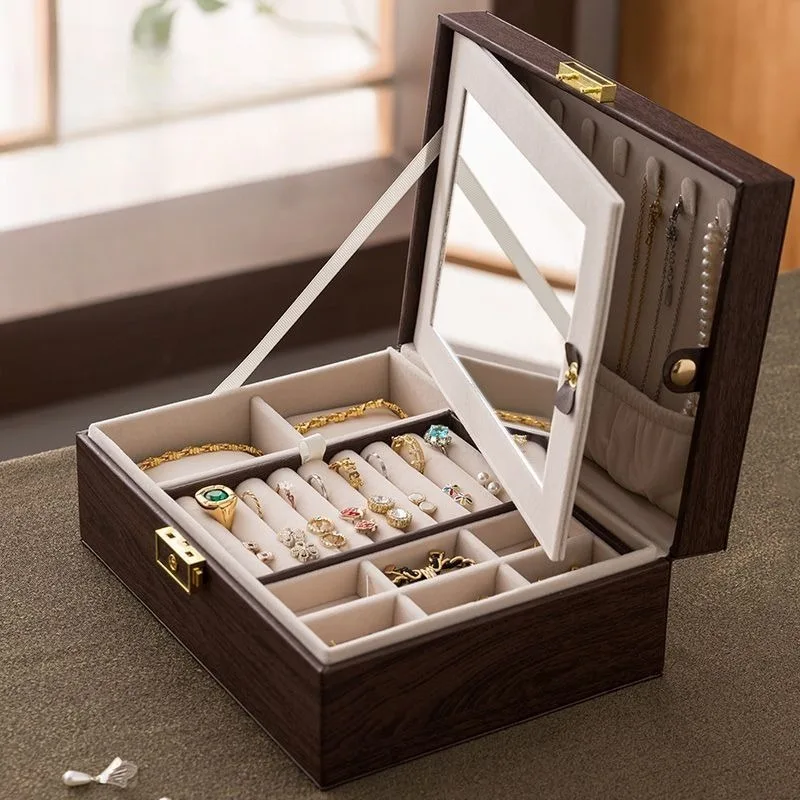 Large Capacity Jewelry Box Dustproof Multifunctional with Mirror Jewelry Box Retro Luxury Ring Bracelet Necklace Organizer Cases