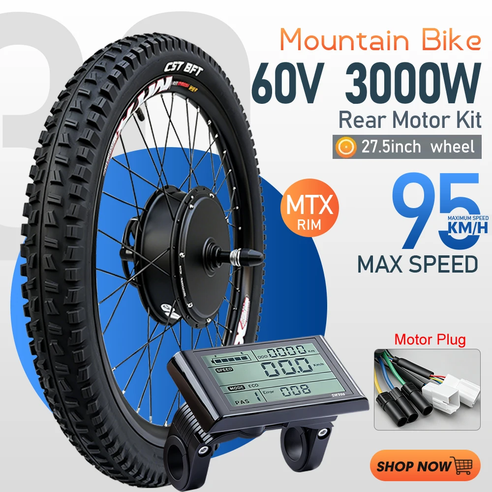 MTX Rim Electric Bike Conversion Kit  60V 3000W EBike 27.5inch Brushless Rear Hub Motor Bicycle Wheel Kit With SW900 LCD Display