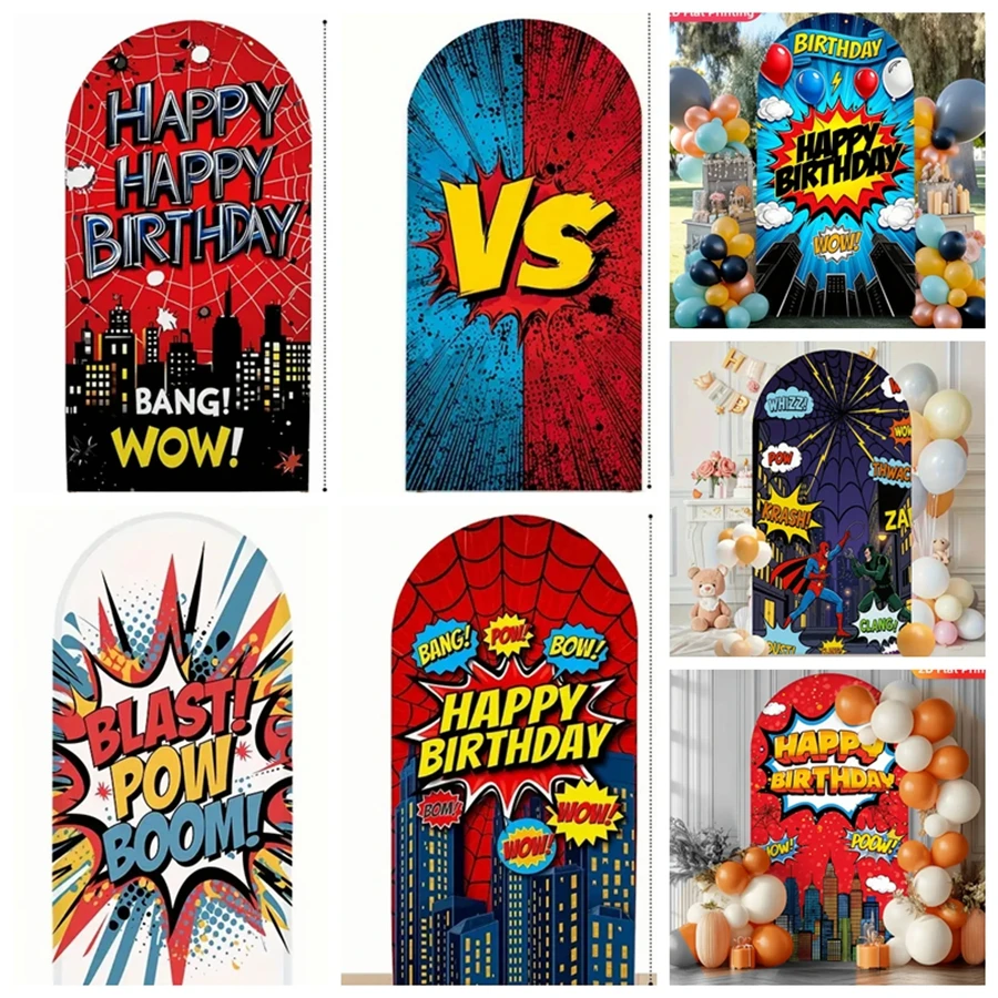 

Superhero Comic Style Arch Decoration Background Cover Spider Man City Building Happy Birthday Party Layout Photography Props