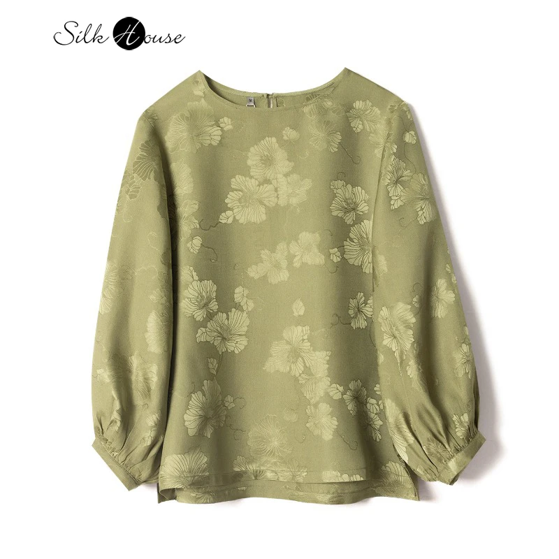 

Green Base Leaf Jacquard Versatile Temperament Skin Friendly 100% Natural Mulberry Silk Round Neck Lantern Long Sleeve T-shirt
