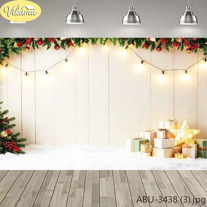 VIKAMA Photography Background Christmas Beige Wooden Wreath Tree Backdrop for Party Birthday Photo Booth Home Decor