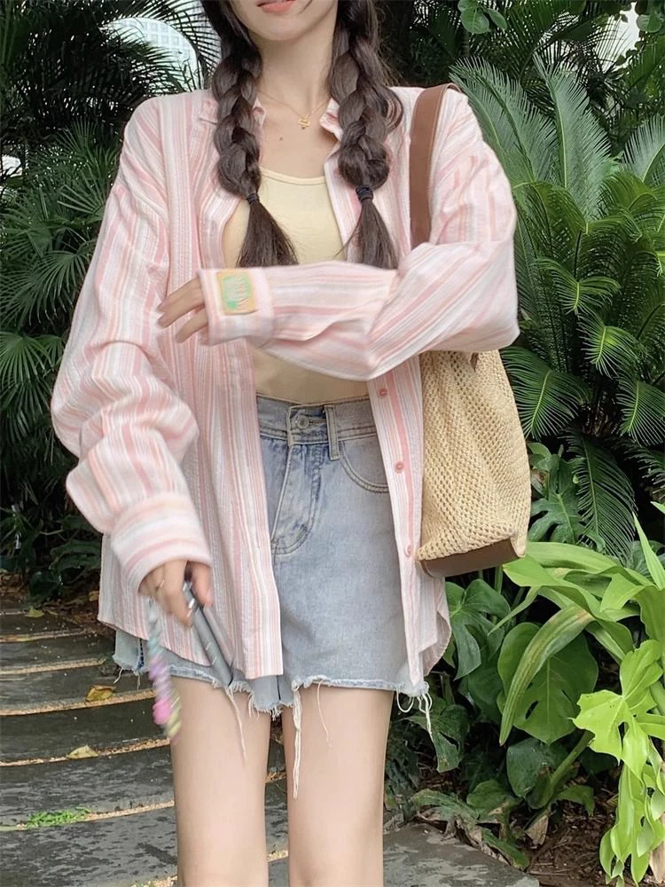 Ele Long Sve مخطط للحماية من الشمس irt المرأة فضفاضة Sle الخريف الزي غير الرسمي تصميم نظام الملح تخفيف Faion