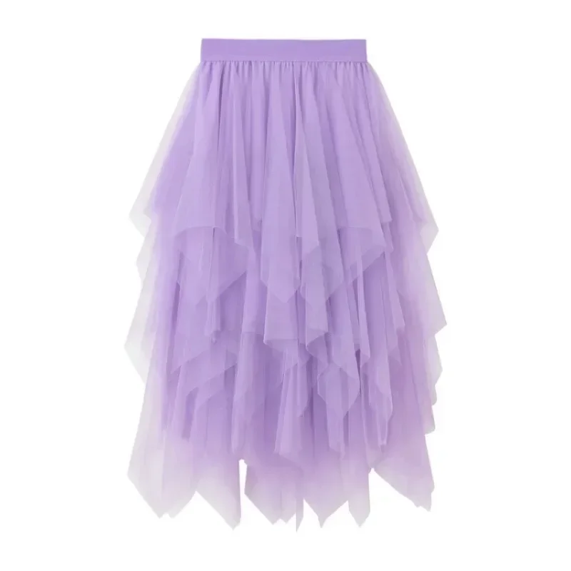 Greenora Thin Gauze Long Skirt 2024 Korean Fashion Elastic High Waisted Mesh Cloth Tutu Large Pleated Long Irregular Mesh Rice S
