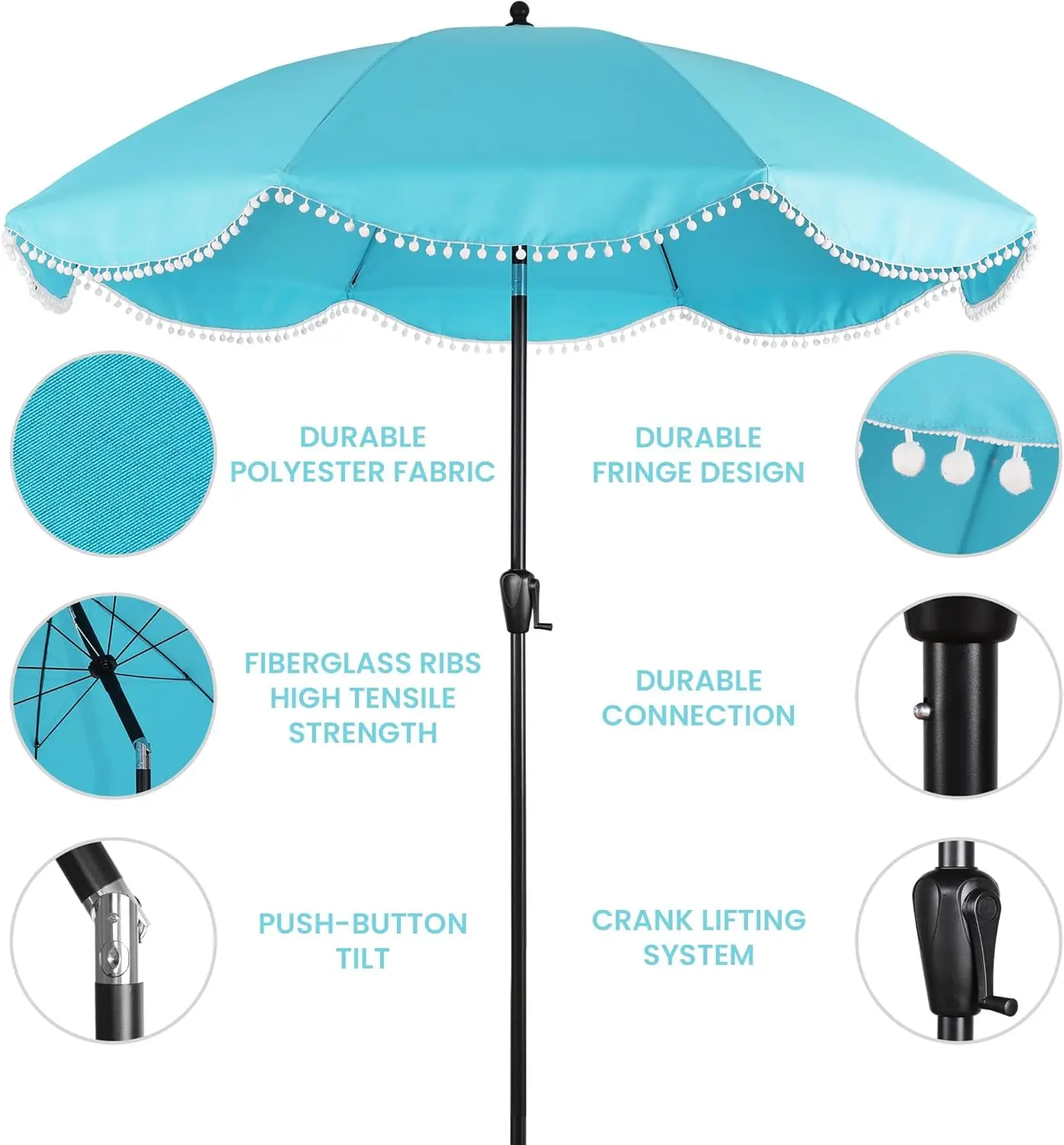 9' Patio Umbrella with Aqua Canopy and White Fringe Accents, Black Frame Market Umbrella for Patio, Deck