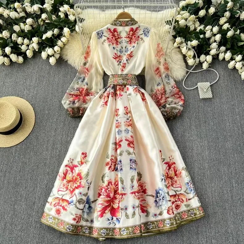

Vintage Palace Style Print Chiffon Elegant Dress for Women Long Bell Sleeves High Waist Slimming V-neck Flared Gown