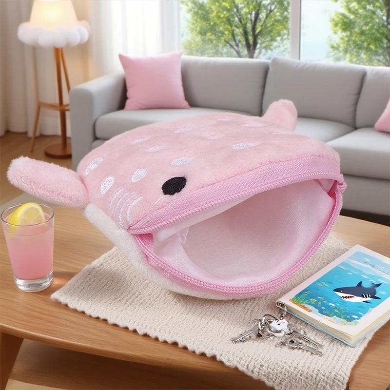 New Cartoon Plush Shark Coin Purse Zero Wallet Plush Animal Wallet For Kids Zipper Coin Bag Cute Pendant Data Cable Bag Gift