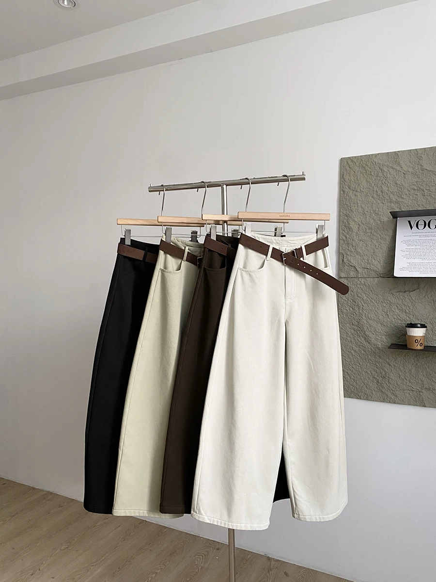 

2025 Winter New American Retro Thickened Fleece High Waist Wide Leg Jeans Women's Casual Style Polyester Fiber Pure Color