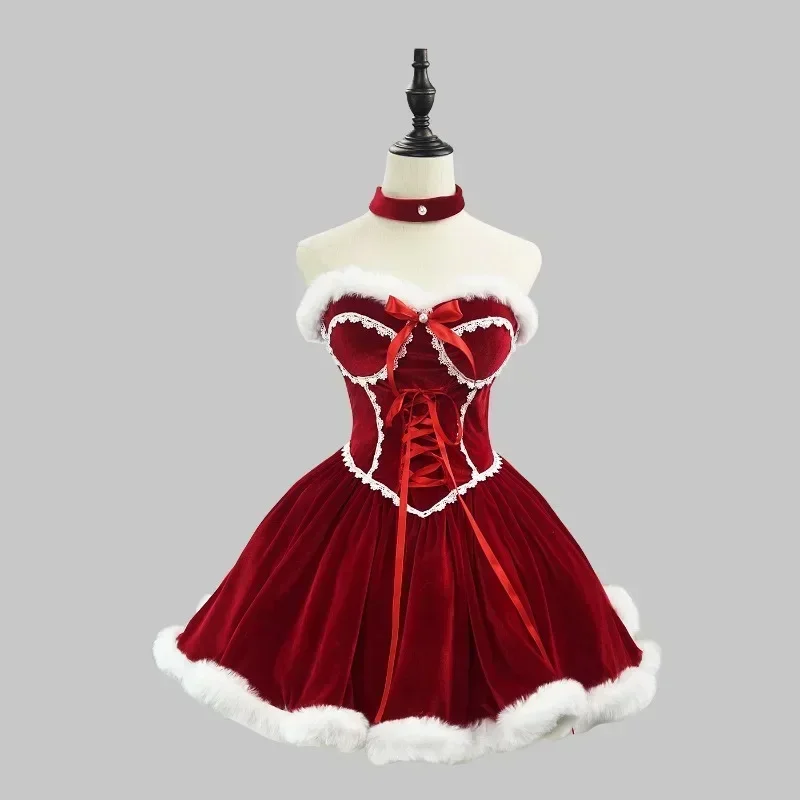 

Christmas Lolita Dress Little Red Hood Velvet Dress with Hooded Cape Fur Trim Cosplay Costume Women's Christmas Red Dress