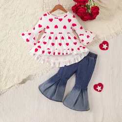 2024 Autumn Baby Girls Clothes Denim Flared Trousers Red Heart Print Flare Sleeve Casual Baby Outfit Sets