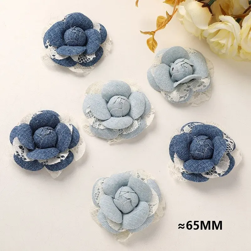 Vintage Danim Blue Flower Fabric Button Embellishment Accessories 9pcs Wholesale Sewing Cloth Wedding Ornament Bulk