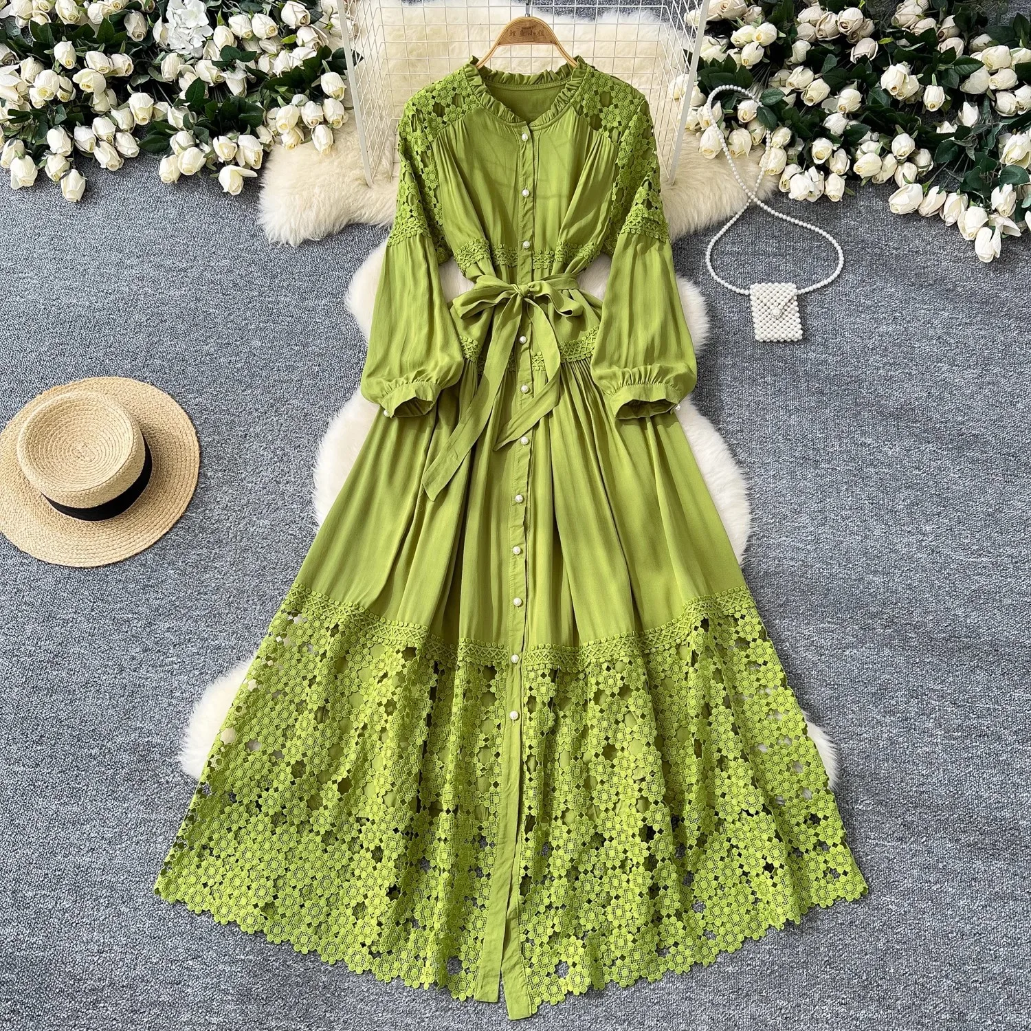 Boho Retro Hollow Hook Flower Ricamo Abito in pizzo Splicing Papillon Vita Abiti lunghi monopetto Abito lungo da spiaggia per le vacanze