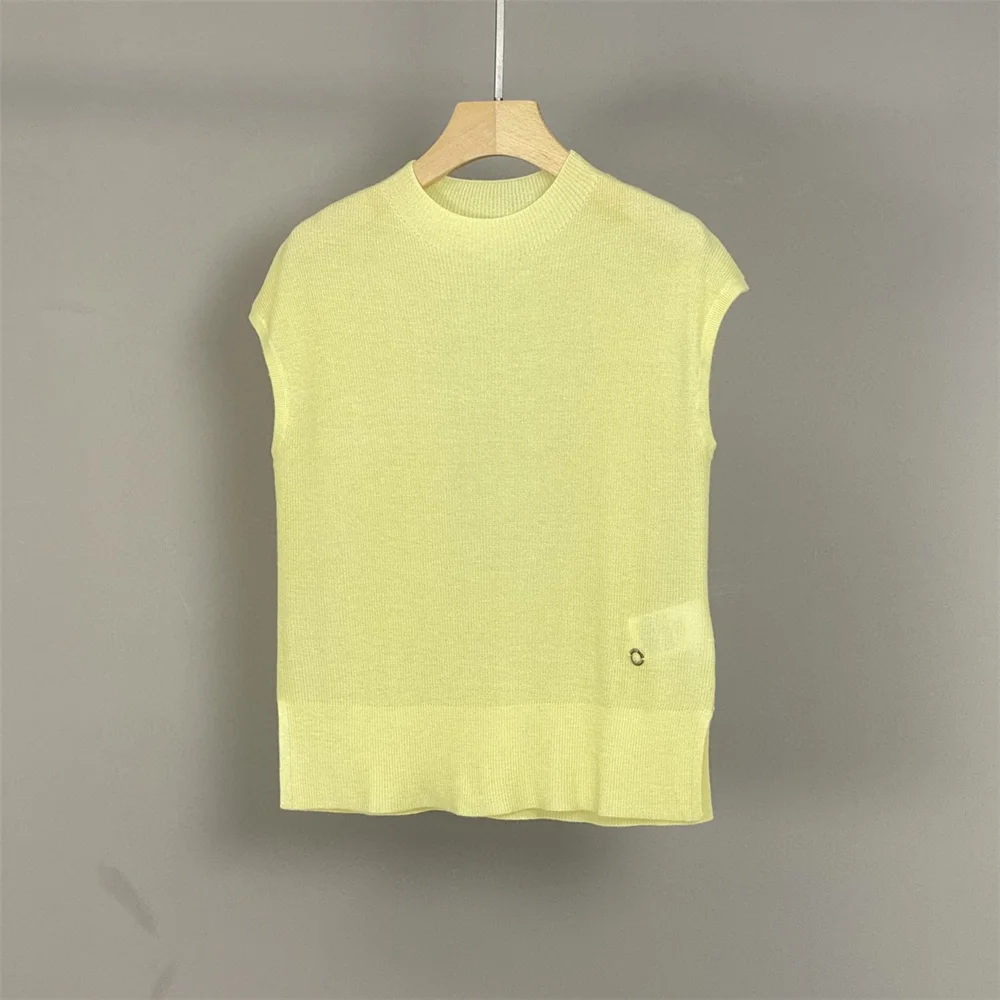Chaleco de punto versátil de moda de lana de manga corta con cuello redondo para mujer de verano