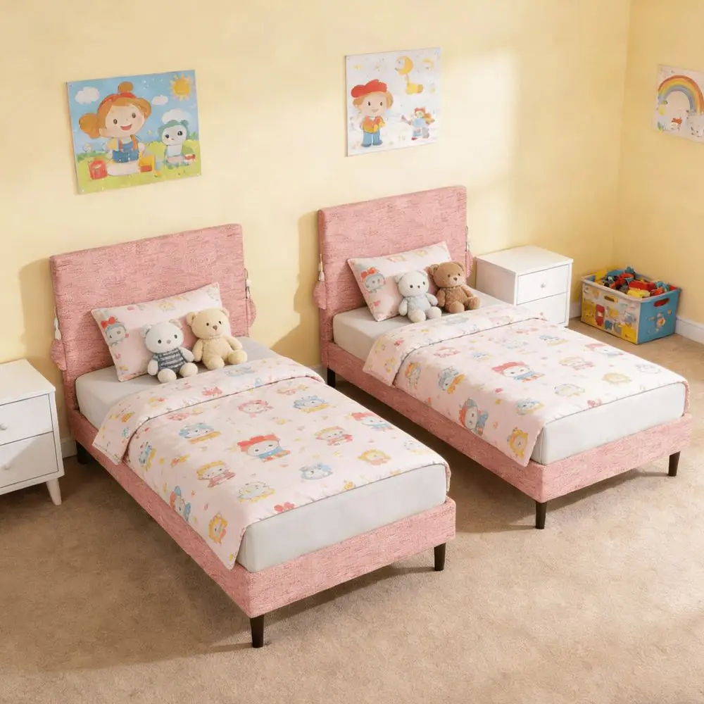 Bed Frame With Headboard, Upholstered Platform Bed Frame With Bedside Storage, Chenille Fabric, Twin Bed Frame For Girls Boys,