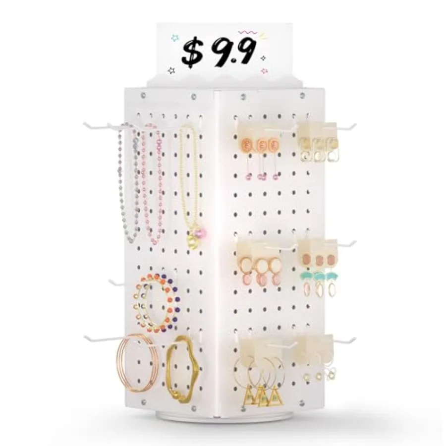 

360° Rotating Pegboard Display Stand with Signage 4-Sided Spinning Peg Board Stand with 24 Hooks for Jewelry Earring and Keycha