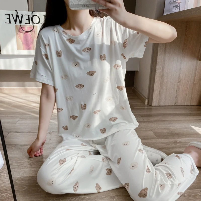 Kuzuwata Korean 2024 Summer Sets Womens Outfits Cartoon Bear Dog Modal Short Sleeved Pants Pajamas Loose Soft Printed Sleepwear