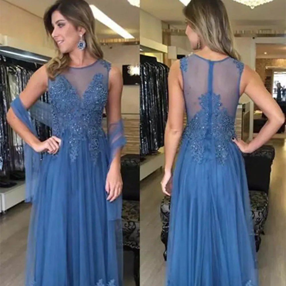 2023 Blue Mother Of The Bride Evening Dresses A-line Tulle Appliques Beaded Plus Size Long Groom Elegant Wedding Gown For Women