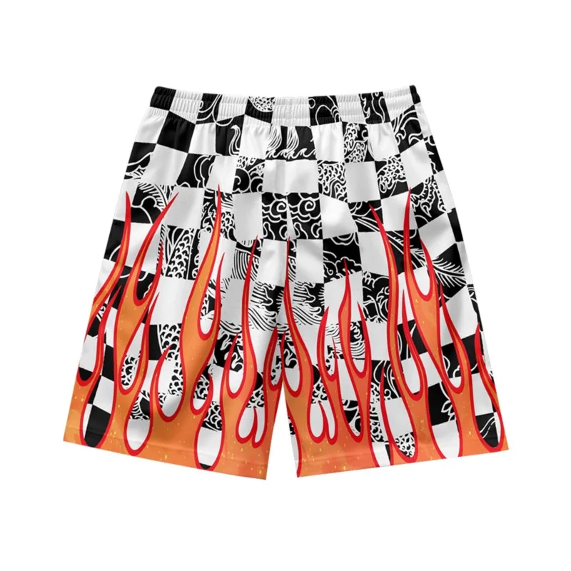 Black and white checkered flame pattern trendy casual personality loose fashion summer men's drawstring sports shorts