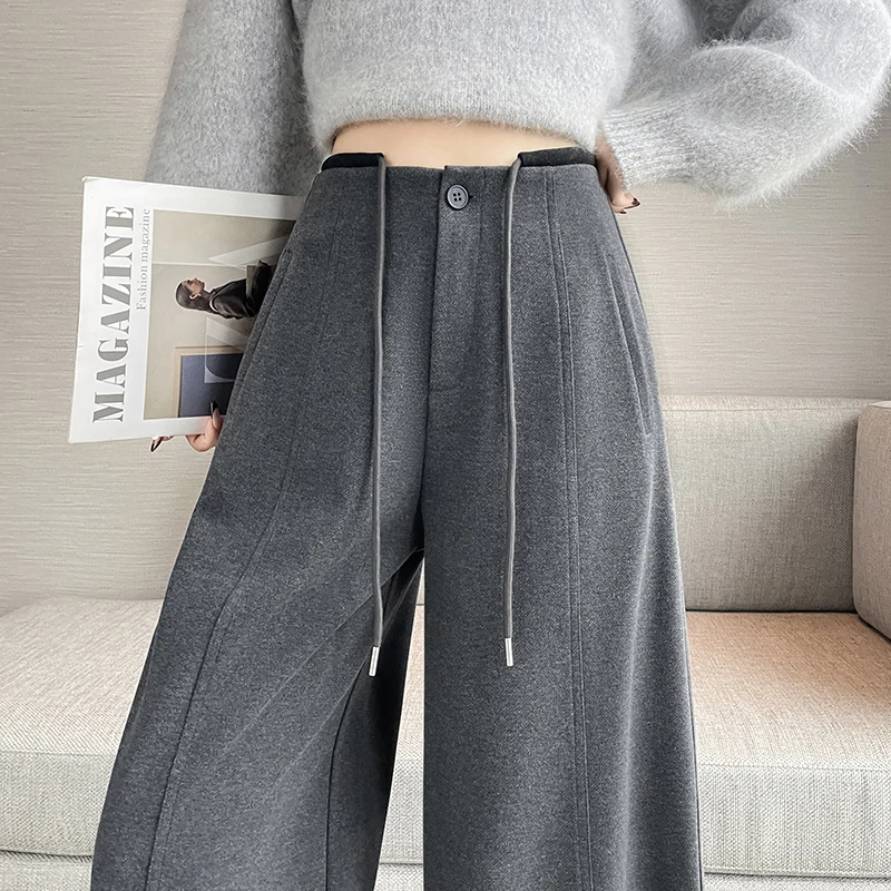 Grey Pants Women High Waist Wide Leg Loose Elegant Pants Office Ladies Workwear Fashion Stylish Drawstring Pocket Trousers Pants