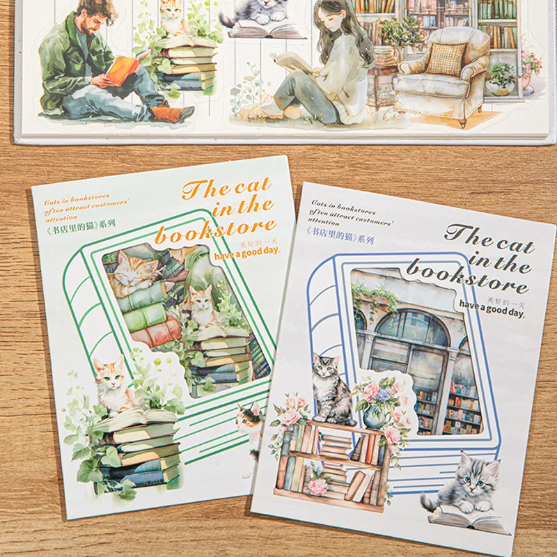 Sticker Pack 15 Sheets/Bag Bookstore Reading Cat Scrapbook Stationery DIY Journal Phone Case Notebook Decoration