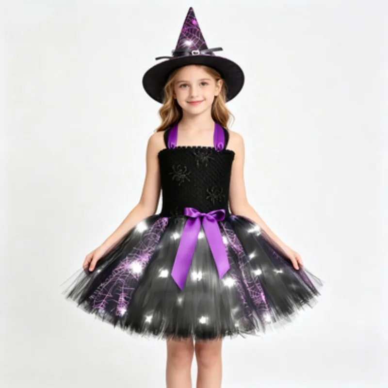 LED Light‑Up Black Spider Tutu Dress Set for Girls, Comes with Witch Hat, Gorgeous Outfit for Halloween and Carnival, Kids Dress