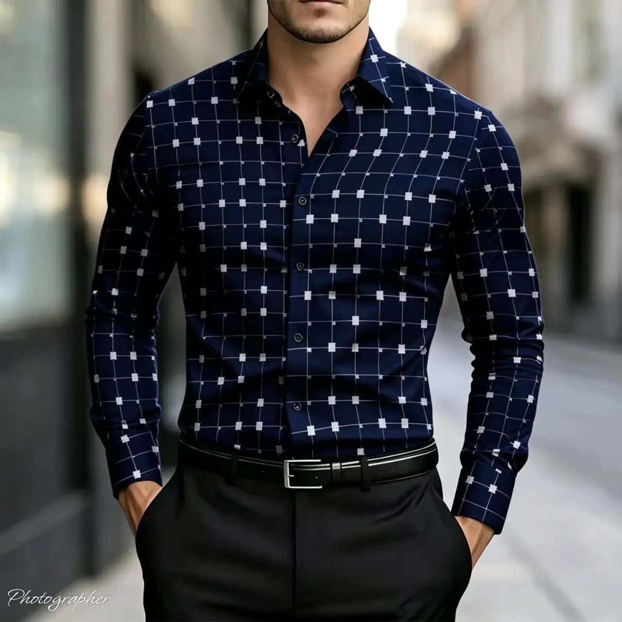 Men's elegant geometric square striped printed long sleeved shirt, business casual shirt, 2026 modern and fashionable new style