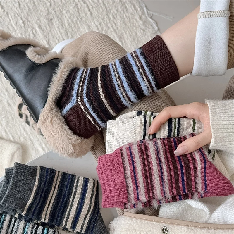 Women's Sock Thick Stripes Contrasting Color Imitation Mink Fluffy Socks Cotton Winter Warm Birkenstocks Stocking