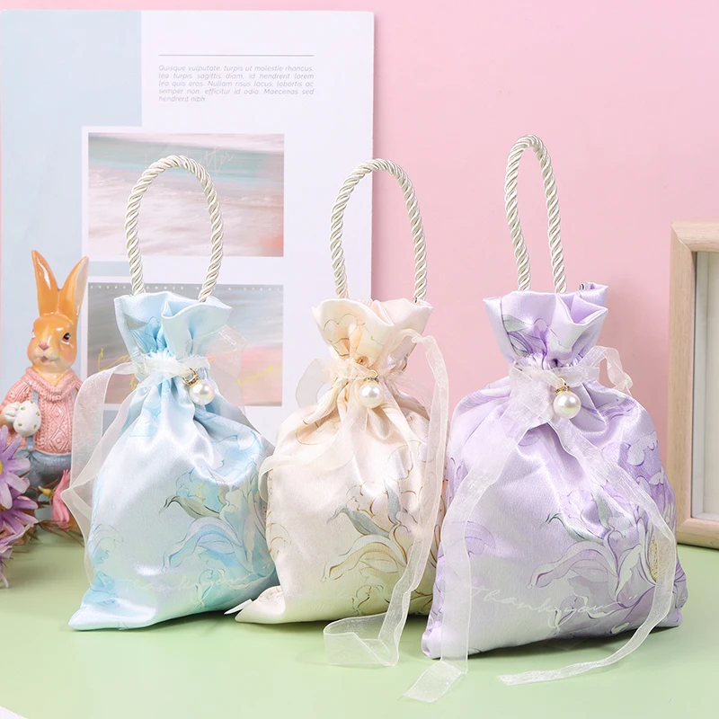 Pearl Pendant Flower Drawstring Bag Satin Bow Large Capacity Festive Wedding Candy Sugar Bag Bucket Bag Gift Storage Bag