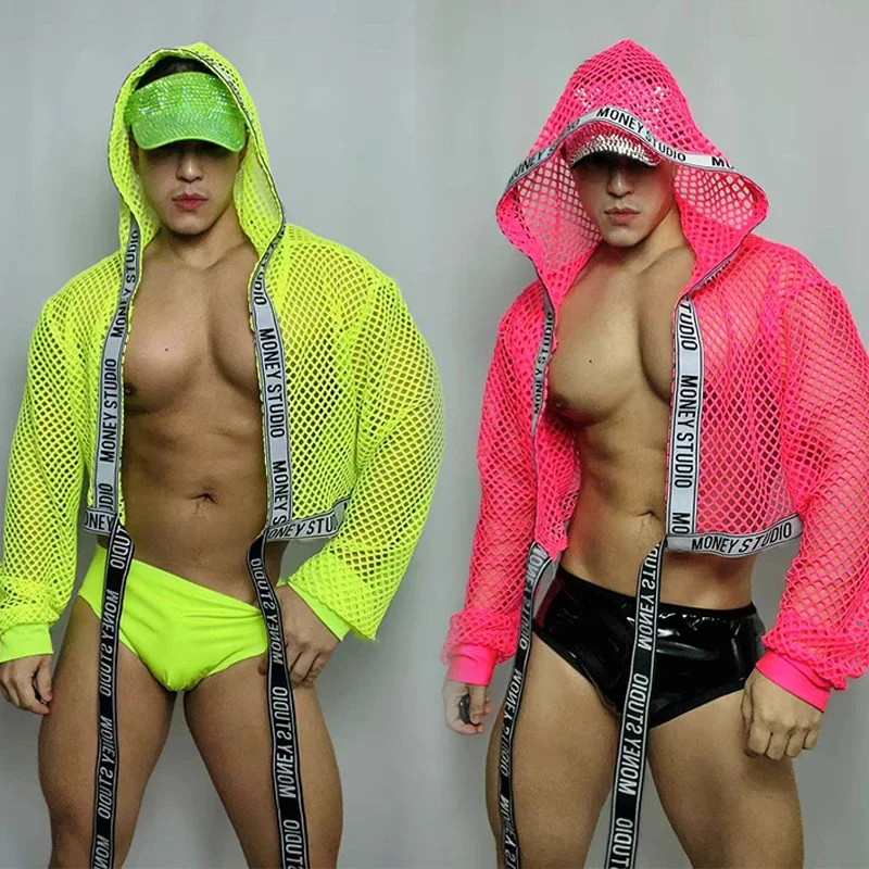 Male Model  Pole Dance Costume Nightclub Dj Ds Rave Outfit Sexy Net Coat Shorts Gogo Dancer Stage Suit