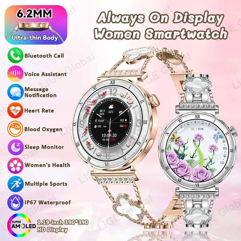 LIGE Fashion Diamond Smart Watch Voice Calling Lady Wristwatch AMOLED Always On Display Health Monitor Women Fitness Smartwatch