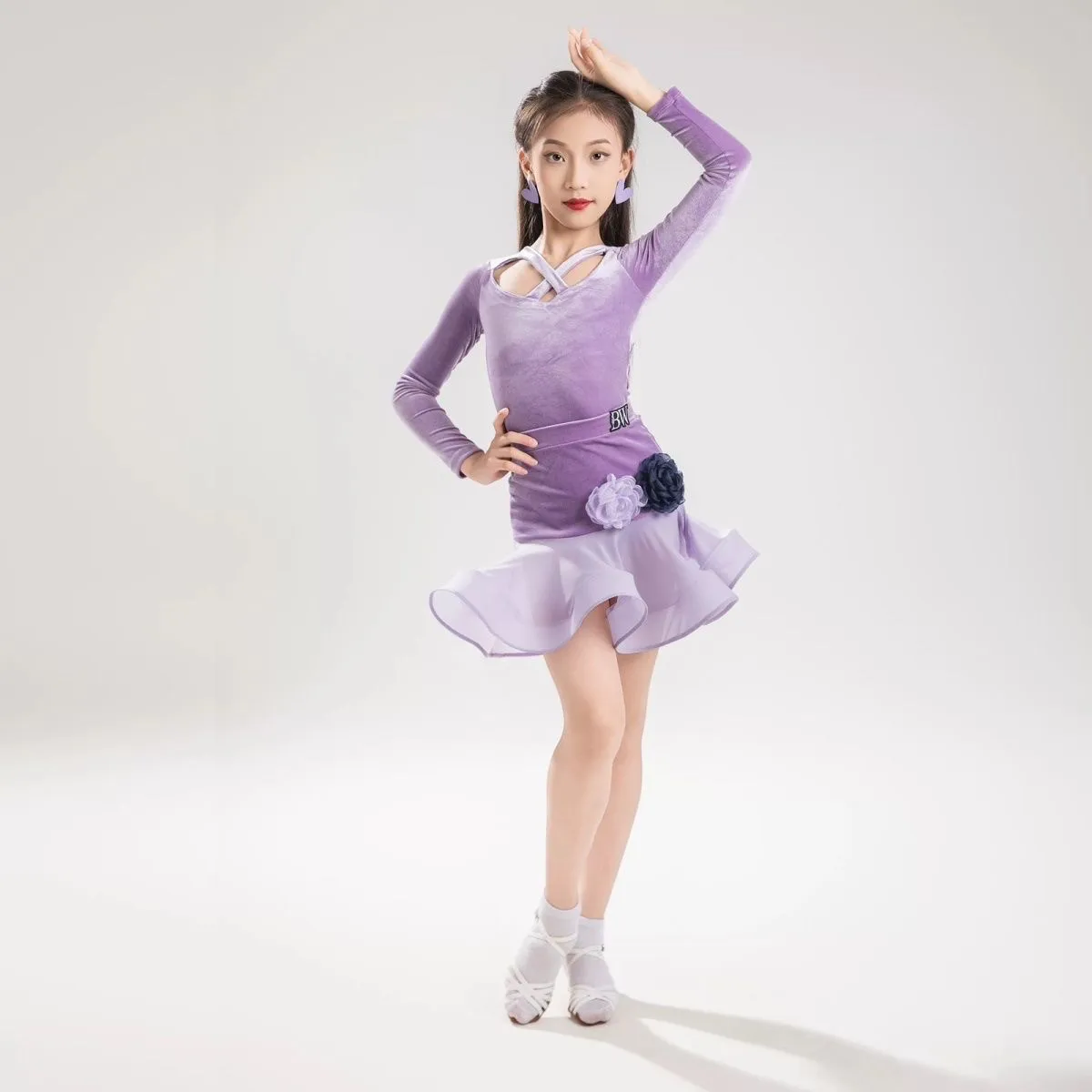 가을 겨울 신상 여아 라틴 댄스 의상, 타로 퍼플 벨벳 대비 입체 꽃 라틴 연습복