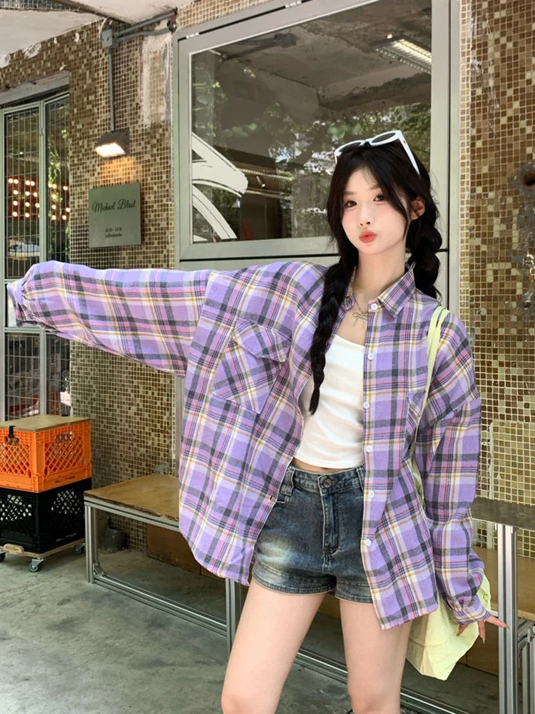 Klasyczne Retro fioletowe koszule w kratę damskie Oversize z długim rękawem koreańska bluzka Casual Vintage damska odzież uliczna luźne topy Camisas