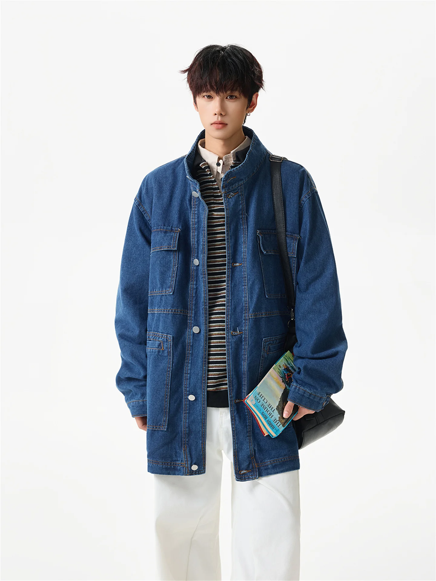 Heavy Duty Washed American Style Long Collar Men's Denim Jacket Multi Pocket Workwear Jacket Casual Loose Fit Spring Jacket