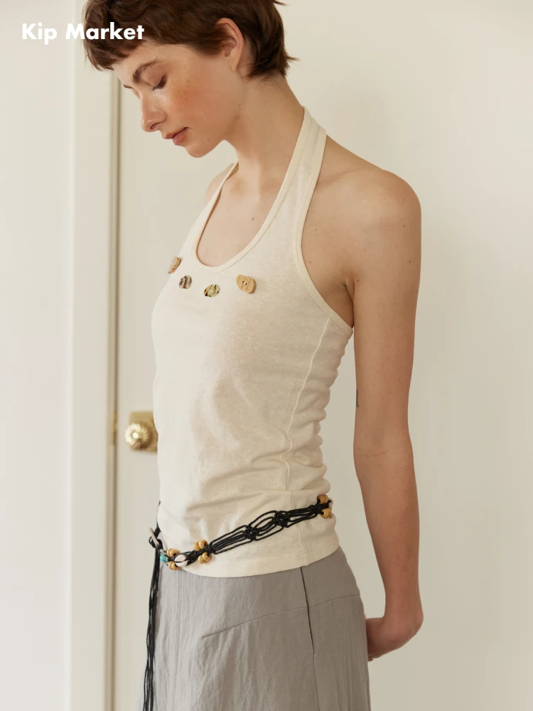 

Kip Market 2025 Summer Commute Sle Wooden Texture Ne Hanging Vest Women's Slimming Tank Top Cotton Haax Blend ort Le...