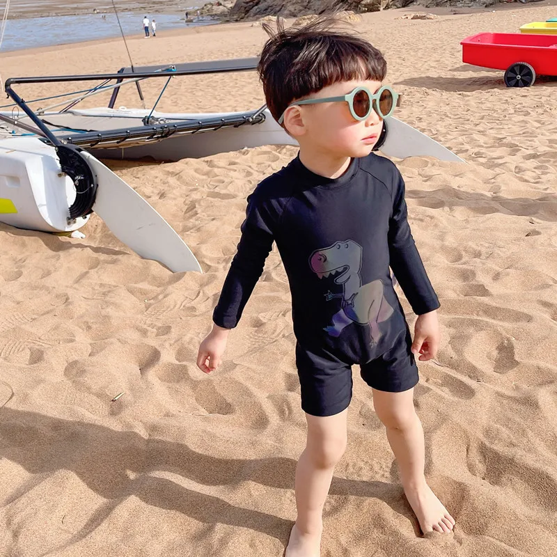 Bañador de una pieza para niños, traje de baño de manga larga de secado rápido, Bonito traje de surf de dinosaurio de dibujos animados, Verano