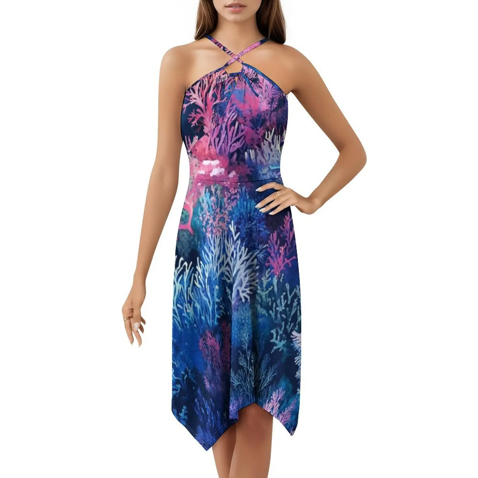 Gaun Pesta Elegan Wanita Pola Terumbu Karang Berwarna-warni 15 Model A-Line Dengan Pilihan Pendek/Panjang/Tanpa Lengan Warna-warni Karang