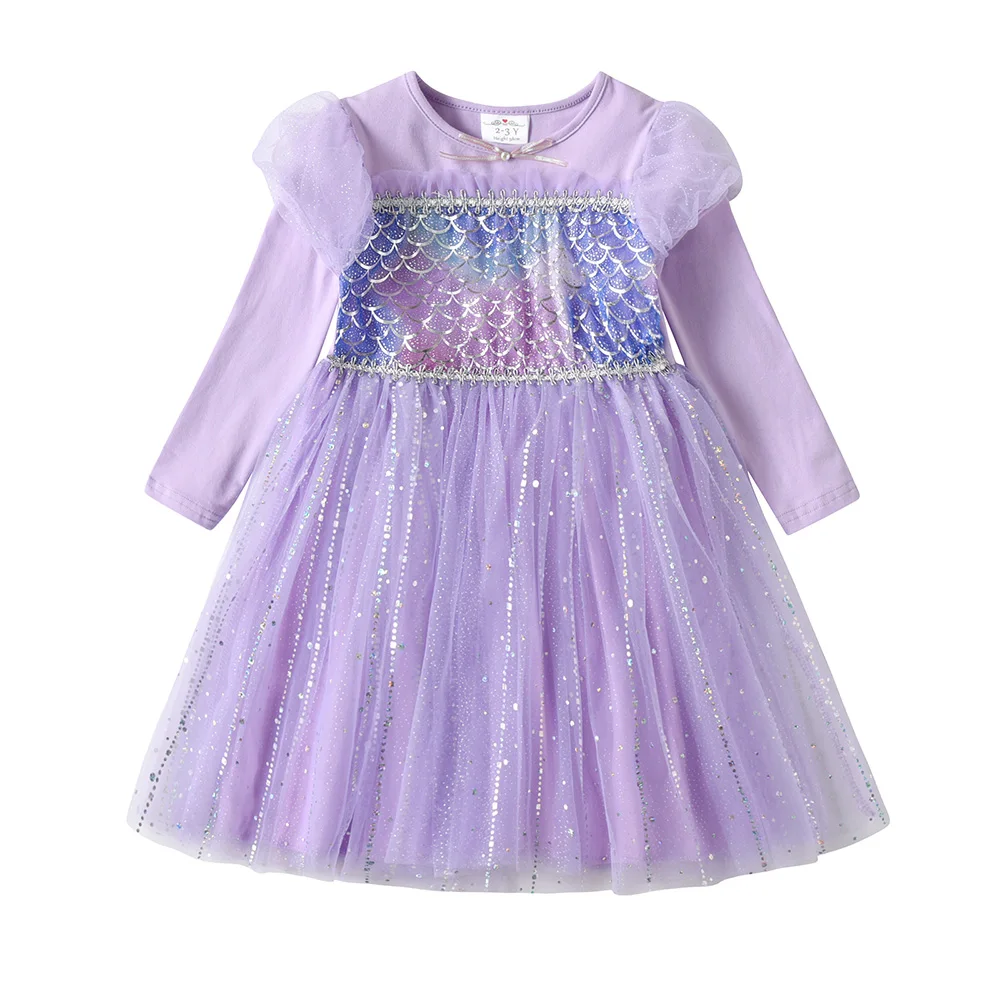 VIKITA Girl Purple Dress Kids manica lunga O collo autunno primavera inverno festa di compleanno Performance Prom Gown Princess Cute Dresses