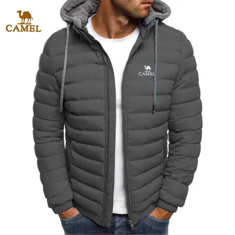 Autumn and Winter Men's Embroidered CAMEL Hooded Warm Cotton Jacket, New Fashionable Casual Outdoor Windproof Detachable Top