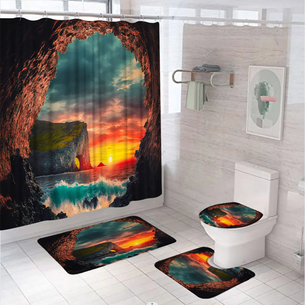 

Ocean Shower Curtain Set Cave Skyline Waves Nautical Sea Marine Sunset Bathroom Curtains Anti-slip Bath Mat Toilet Lid Cover Rug