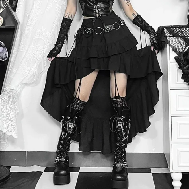 Gonne a strati nere gotiche scuri Kawaii Gonne a strati nere con orlo irregolare retrò Pantaloni da festa Mall Gonna gotica da donna Abbigliamento Alt