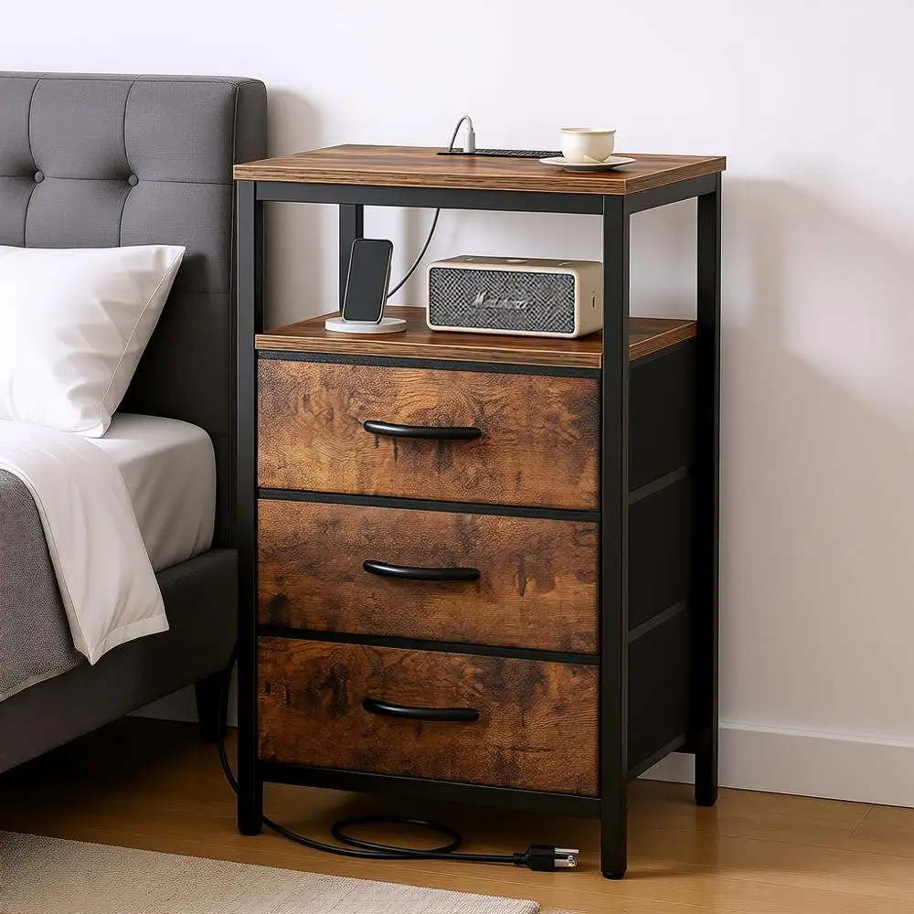 

Nightstand with Charging Station, 27.6 Inch Table with Fabric Drawers, End Table with USB Ports and Outlets, Rustic Brown