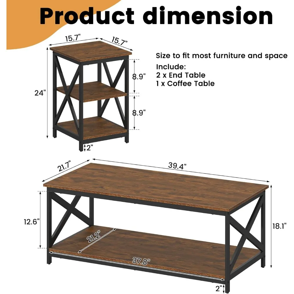 Industrial Style 3-Piece Living Room Coffee Table Set with X-Design and Two Side Tables