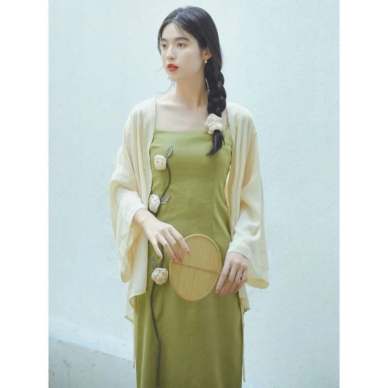 Hanfu Women's Cheongsam Cardigan Summer Flowers Green Slim Retro Dress Summer Chinese Traditional Style Suspender Dresses 2022