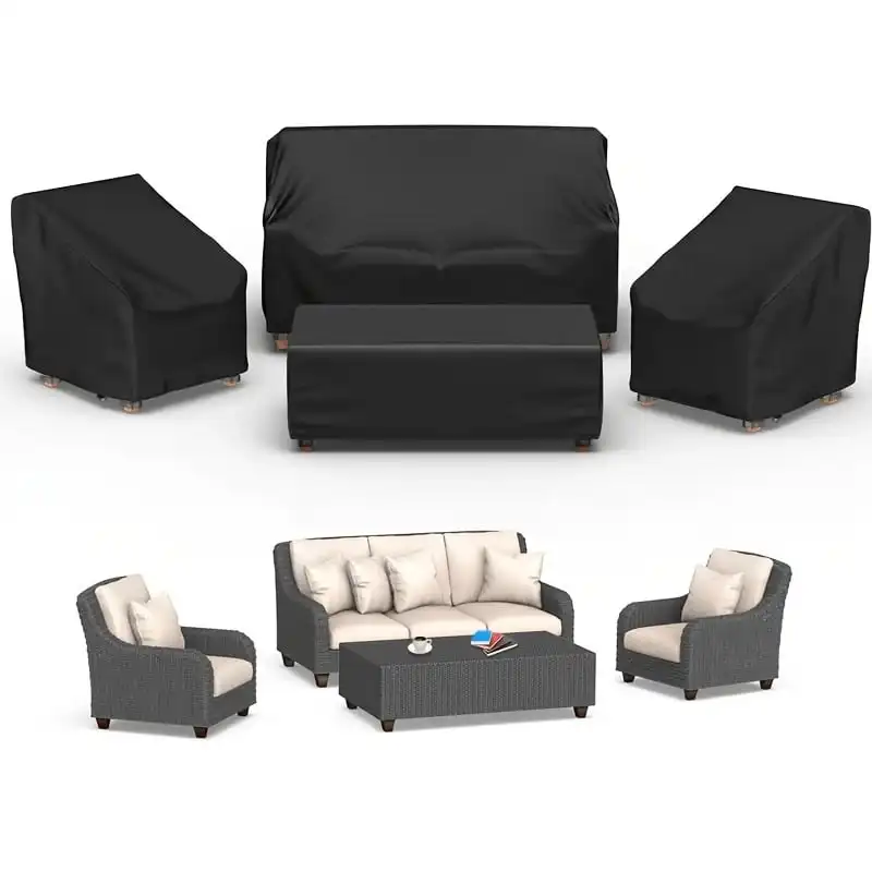 屋外用パティオ家具カバーセット（4点セット）。防水・紫外線防止加工。ガーデンソファ、椅子、コーヒーテーブル用の保護カバー。あらゆる天候に対応。