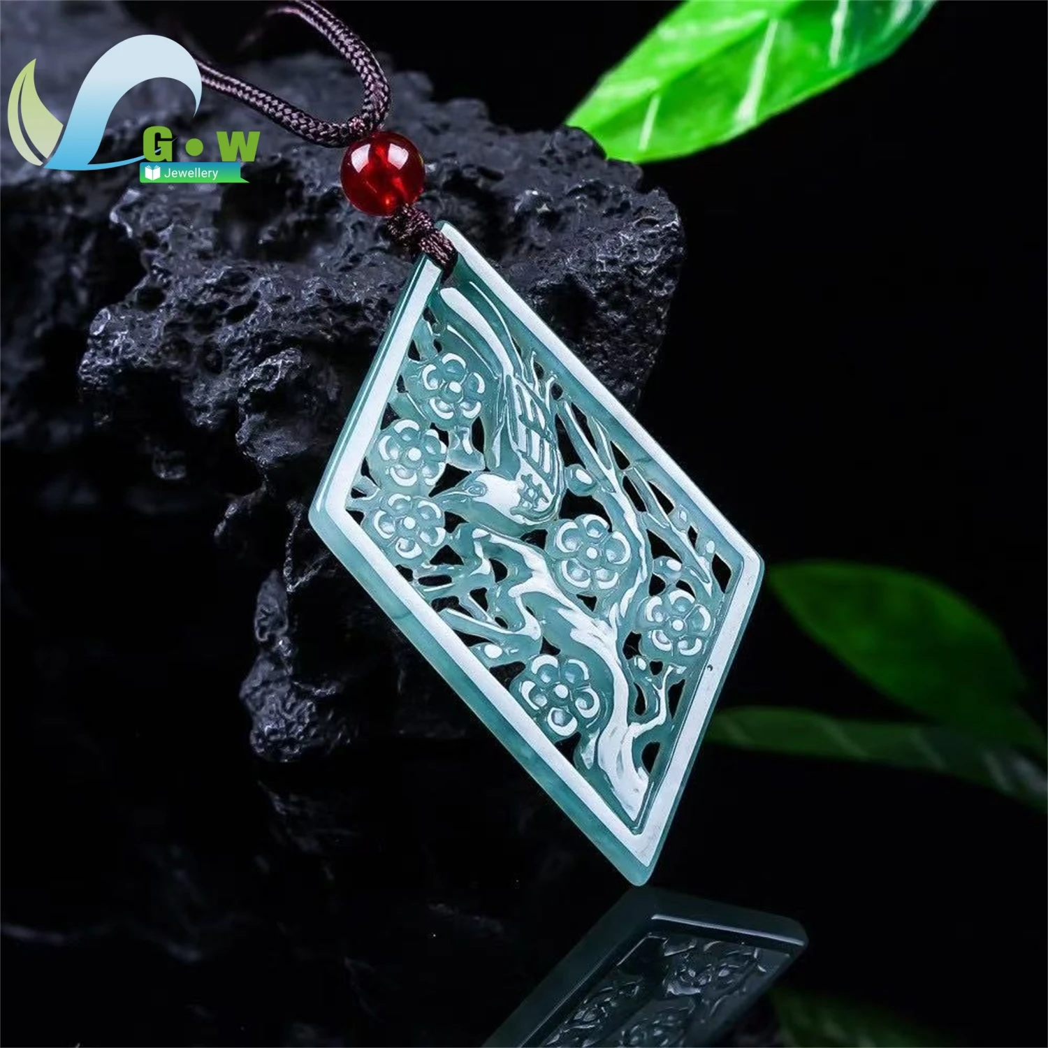 Natural Icy Blue Jadeite Hollow Magpie Plum Blossom Pendant Unisex Fine Jewelry Gift Lucky Happy Smooth Artisan Charm Stone