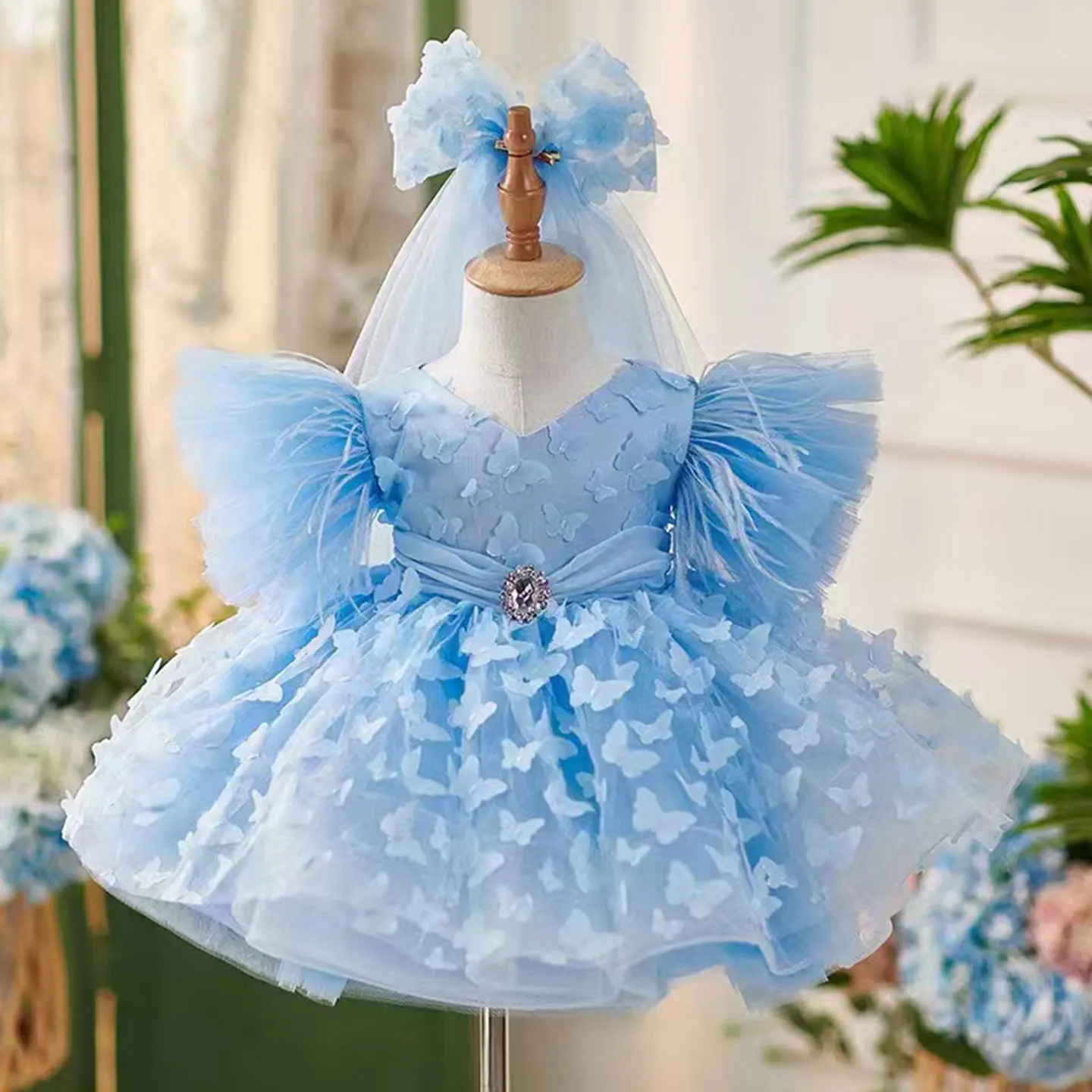 

Jill Wish Elegant Blue Flower Girl Dresses with Hairband for Baby Kids Wedding Birthday Communion Party Pageant J058