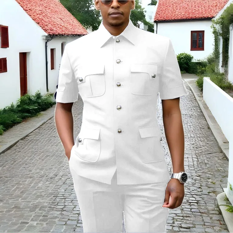 Handsome Men's Suits White Short Sleeves Single Breasted Stand Lapel Casual Outfits 2 Piece Jacket Pants Set Slim Fit Terno