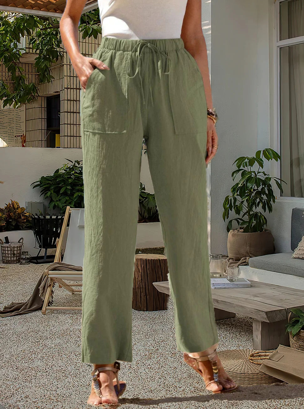 

Women elastic waistband with rope casual fashion elegant decoration Japanese Korean European and American decorative pant