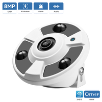 8MP 4K Ultra HD ONVIF IP Camera 1.7MM Fisheye Lens Panoramic Camera 180Degree Wide Angle Internal Audio Nightvision H.265 Xmeye